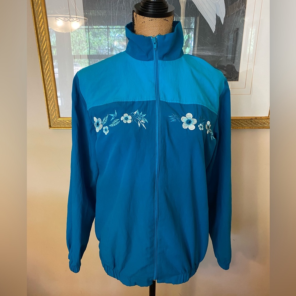 Blair True Women’s 90’s Windbreaker Jacket Spring Teal Blue Embroider Floral SM